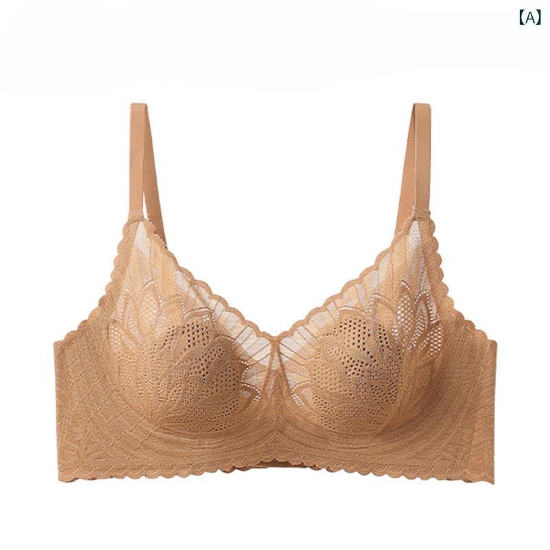 ブラ 女性用 大きめバスト 小さく見せる 無痕 夏用 ワイヤレス 副乳収納 快適 レース ナイロン素材 透気性 3/4カップ 超薄型 固定肩ストラップ 後3列フック 枯葉色 翠芽緑 嫩芽肌色 ブラック シンプル カジュアル