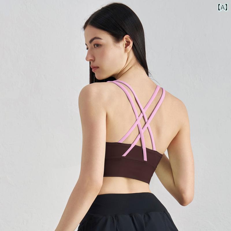 スポーツブラ 女性用 クロスデザイン ヨガウェア ランニング フィットネス バックレス 無鋼 3/4カップ 中厚パッド ニット素材 伸縮性 通年用 軽量 吸湿速乾 固定ストラップ 青年向け 運動レジャー ダンス テニス 屋外アクティビティ