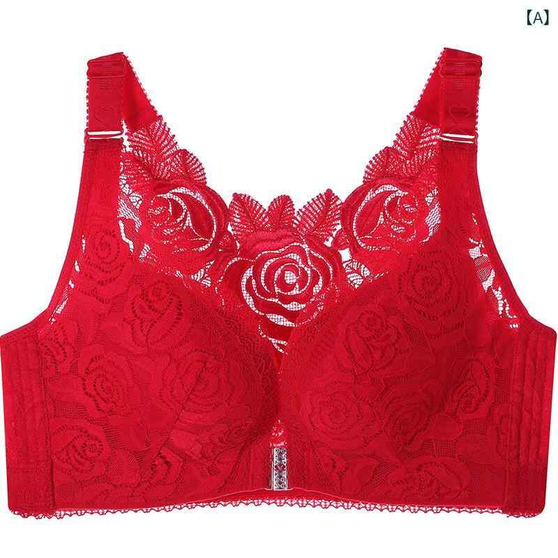 ブラジャー 女性用 大きいサイズ 前ホック ローズ柄 美背 薄型 ノンワイヤー インナー ギャザリング 調整型 サイドサポート 副乳収集 3/4カップ 薄カップ 固定ストラップ 透気性 無痕 快適 コットン ポリエステル ニット 赤 グリーン ブラック