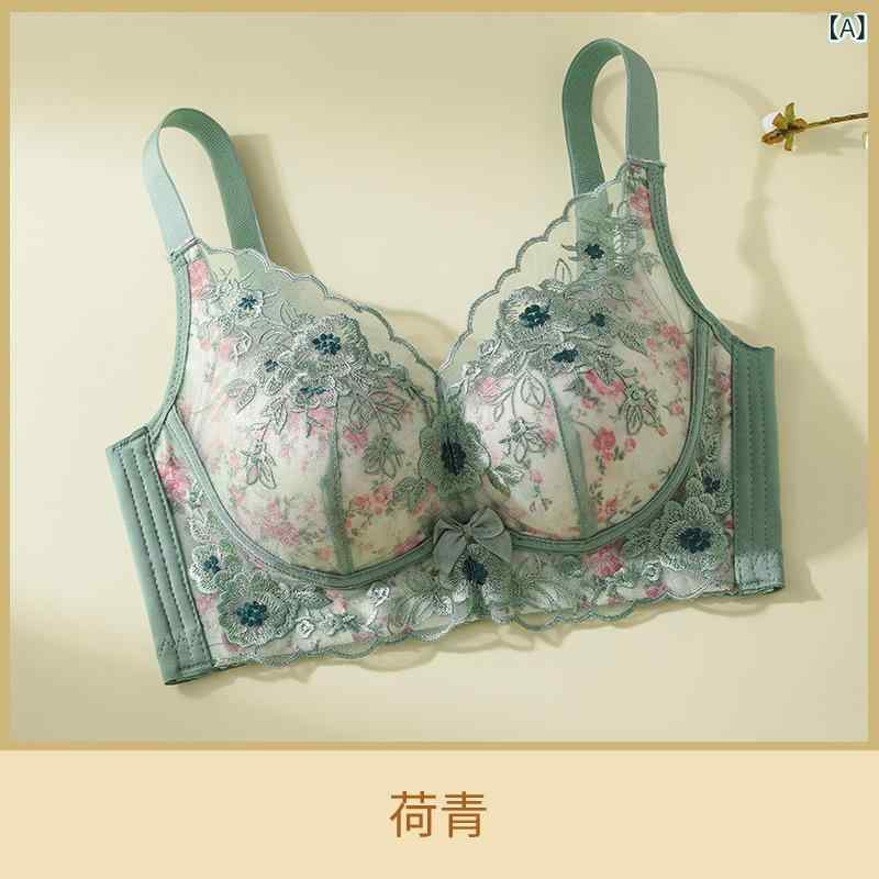 レディース 無鋼圈 ブラジャー セクシー レース 刺繍 コットン 透気性 集約 サイドサポート 副乳収集 上托 調整型 3/4カップ 薄荷青 夢幻緑 丁香紫 香?色 ブラック 快適 ユース向け コットン素材 70-80パーセント 固定肩紐 後四列フック