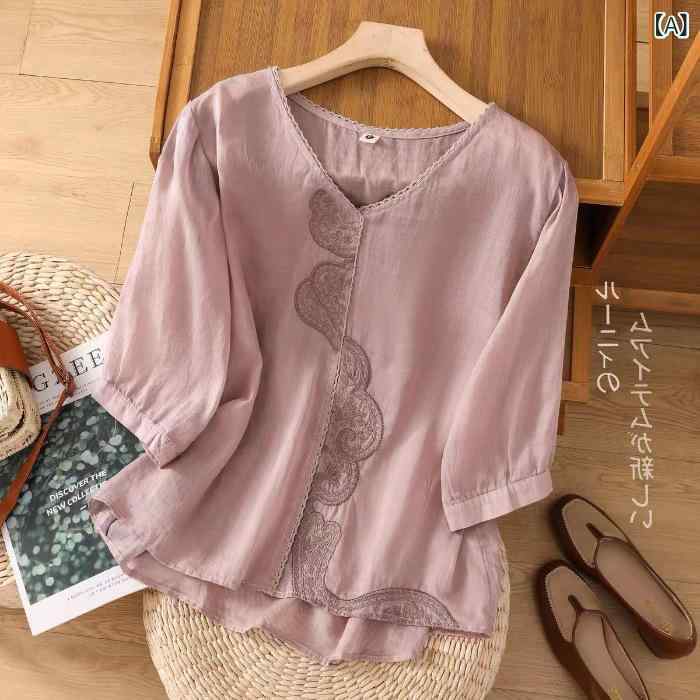 Tシャツ 女性用 春夏 七分袖 刺繍 麻素材 ポリエステル混紡 ポロカラ プリンセススリーブ 紫粉色 グリーン ブラック ゆったりシルエット スリム効果 百搭トップス 私服 洗練デザイン 軽量 通気性 吸湿速乾 日常使い ゆったりフィット スタイリッシュ