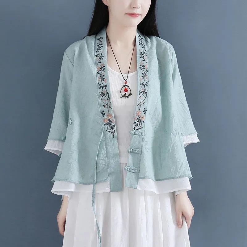 Tシャツ 女性用 開襟 七分袖 純棉 偽ツーピース シャツ トップス 刺繍 刺繍デザイン Vネック ボタン ワイドシルエット クラシカル 復古 快適 ゆったり 軽量 通勤 普段使い 部屋着 綿素材 切り替え デザイン 白色 ピンク系 グレー系 グリーン系