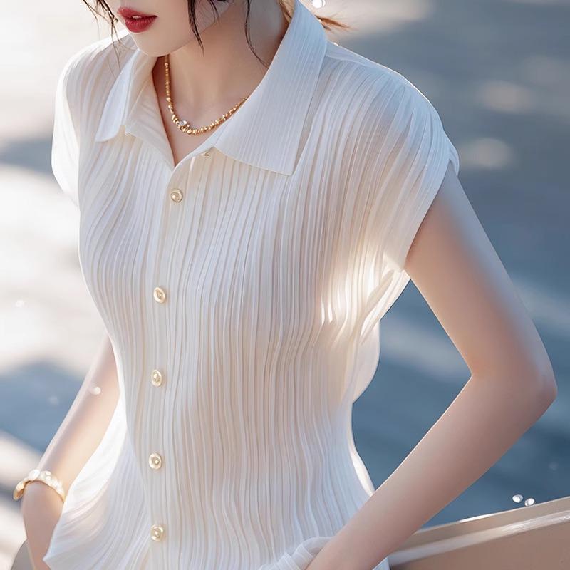 Tシャツ レディース 白色 短袖 ポロカラ 薄手 通勤用 知性風 気質 夏用 接触冷感 ポリエステル 軽量 吸湿速乾 シンプル スタイリッシュ 女性上衣