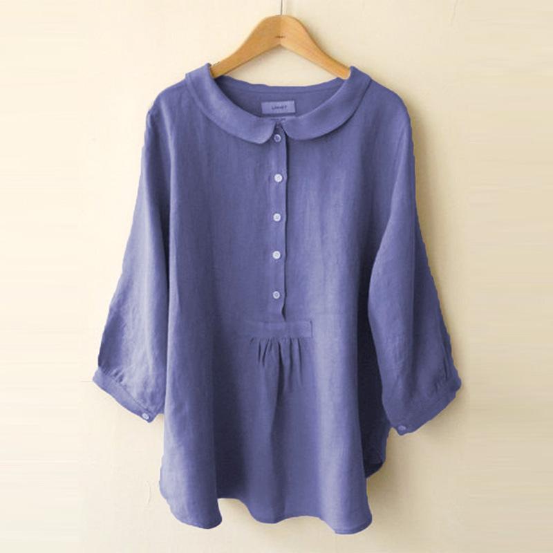 Tシャツ 女性用 ワイドシルエット ベビーコラー ランタンスリーブ 七分袖 ボタン付き 綿素材 純色 ゆったり かわいい 甘め 快適 カジュアル トップス ベージュ ブルー パープル ブラック イエロー 秋 シーズン