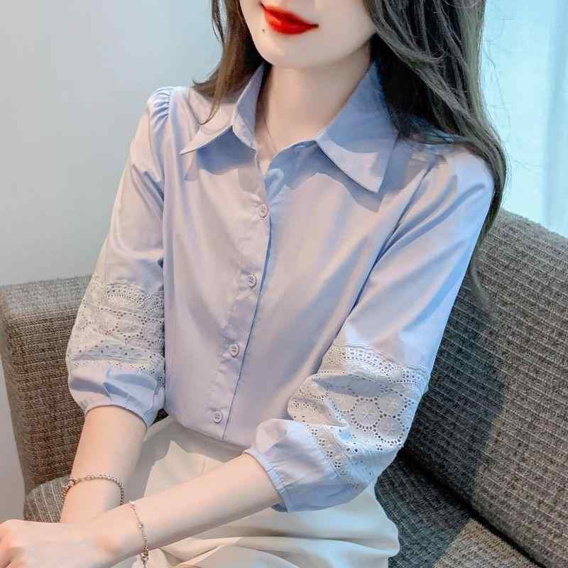 シャツ レディース 春夏 女性用 泡泡袖 綿素材 トップス ゆったりシルエット ウエストカバー 七分袖 刺繍 切り替え 純色 ポローカラー ボタン 気質 通勤風 シングルブレスト マルチボタン 白 ブルー 軽量 通勤用 普段使い