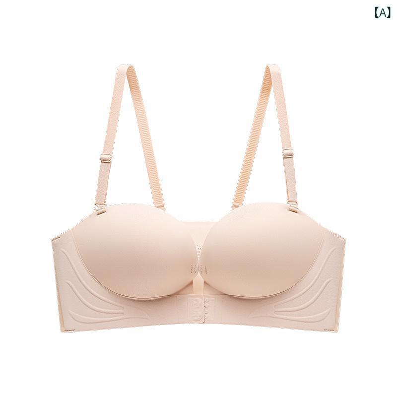 ブラ無しブラジャー 女性用 ノンワイヤー ストラップレス プッシュアップ 小胸用 谷間強調 防滑 抹胸 隠形 無痕 インナー トップス 3/4カップ 上薄下厚 前ホック 肌色 ブラック ベージュ ミルクホワイト ナイロン スパンデックス 伸縮性 快適 フ