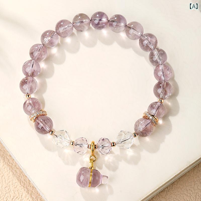 ブレスレット 男女用 紫水晶 葫芦 チャーム 白水晶 転運ビーズ 手? 天然石 アクセサリー クリア ポリス ユニセックス ファッション ジュエリー スプリング コレクション 清新 スイート ナチュラル ビーズ 8mm サイズ ギフト 対応 ラウンド シ