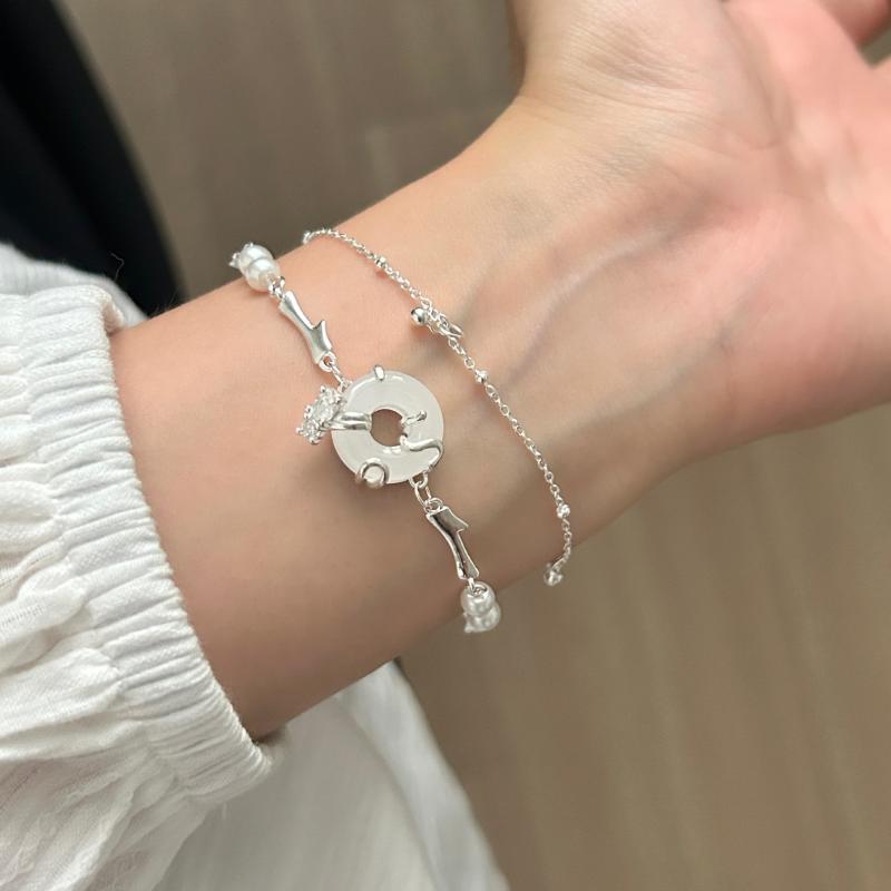 レディース ハンドメイド ブレスレット 純銀 玉髓 真珠 アクセサリー 双層 平安結び デザイン 国風 ジオメトリック 形状 軽量 電気メッキ加工 夏 シーズン かわいい 女性用 手首 装飾 アクセ ジュエリー 民族風 復古 スタイル ライト ラグジュア｜LiLishop6