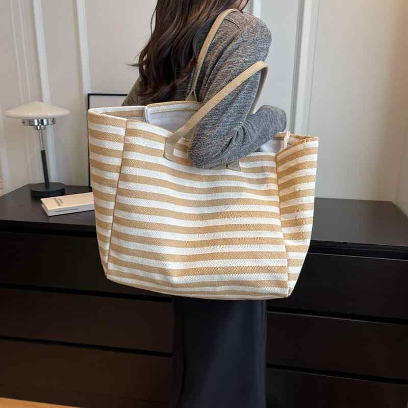 トートバッグ 女性用 大容量 キャンバス ストライプ 横型 方形 肩掛け 斜め掛け 手持ち 日常使い 街頭スタイル 磁扣 ソフト 黒 紺 ベージュ 赤 車縫線 プリント ポリエステル内張り ジッパー内ポケット 携帯ポケット カードポケット