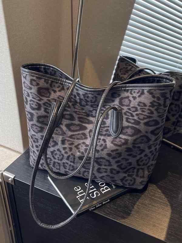トートバッグ レディース 大容量 ヒョウ柄 肩掛け ブラウン グレー 布 ポリエステル裏地 ジップ開閉 中硬度 欧米風 復古 車縫いステッチ 秋冬 通勤用 日常使い ファッション 百搭 ママバッグ
