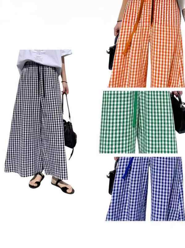 レディース 春夏 チェック柄 ワイドパンツ ハイウエスト ドローストリング 松腰 長ズボン 綿素材 薄手 ポケット付き 日韓風 かわいい ゆったり 快適 ピスタチオグリーン オレンジ 通勤 普段使い 軽量 吸湿性 切り替えデザイン ビッグシルエット 女性