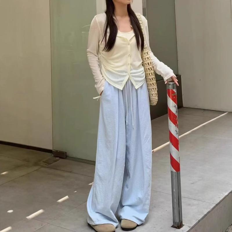 レディース 直筒 ワイドパンツ ハイウエスト 慵?風 ミルク色 薄手 ポリエステル 微弾力 切り替え 加工 春夏 日常使い 軽量 吸湿速乾 ゆったり シルエット 顯・覧 デザイン ベーシック スタイル カジュアル トップス コーデ