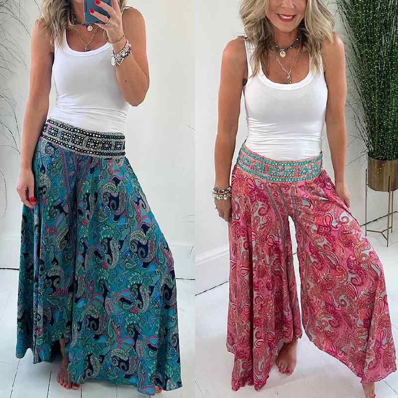 レディース ワイドパンツ ハイウエスト クロップド ロングパンツ 気質 通勤用 普段使い 快適 軽量 伸縮性 吸湿速乾 ポリエステル 再生繊維 プリント柄 赤 ブルー 夏 春夏 都市 カジュアル スタイル