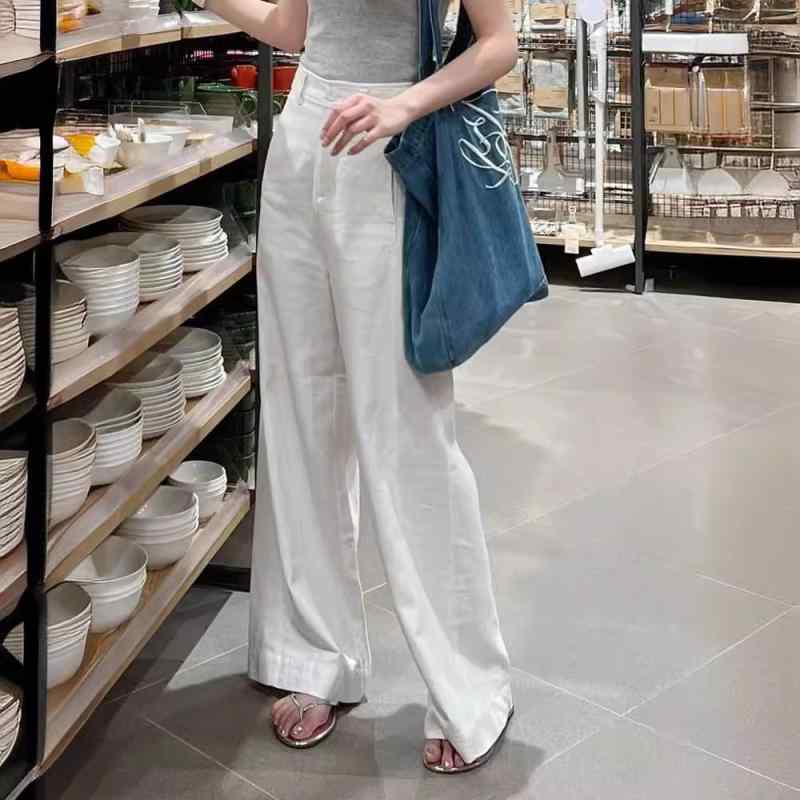 レディース ワイドパンツ コットン麻 混紡 高腰 直筒型 長丈 白 春季 切り替えデザイン 微弾性 垂感 スリム効果 軽量 快適 普段使い 私服 カジュアル スタイル