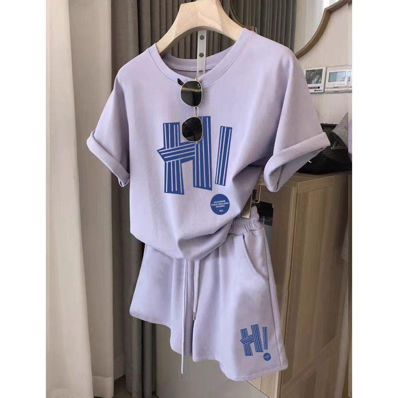 レディース トップス セット スポーツ風 短袖 ショートパンツ 夏用 学生向け ゆったり かわいい ファッション 紫 グレー グリーン オレンジ ポリエステル スパンデックス 伸縮性 吸湿速乾 軽量 袖なし 無袖 袖 袖口 プリント 文字柄 シースルー