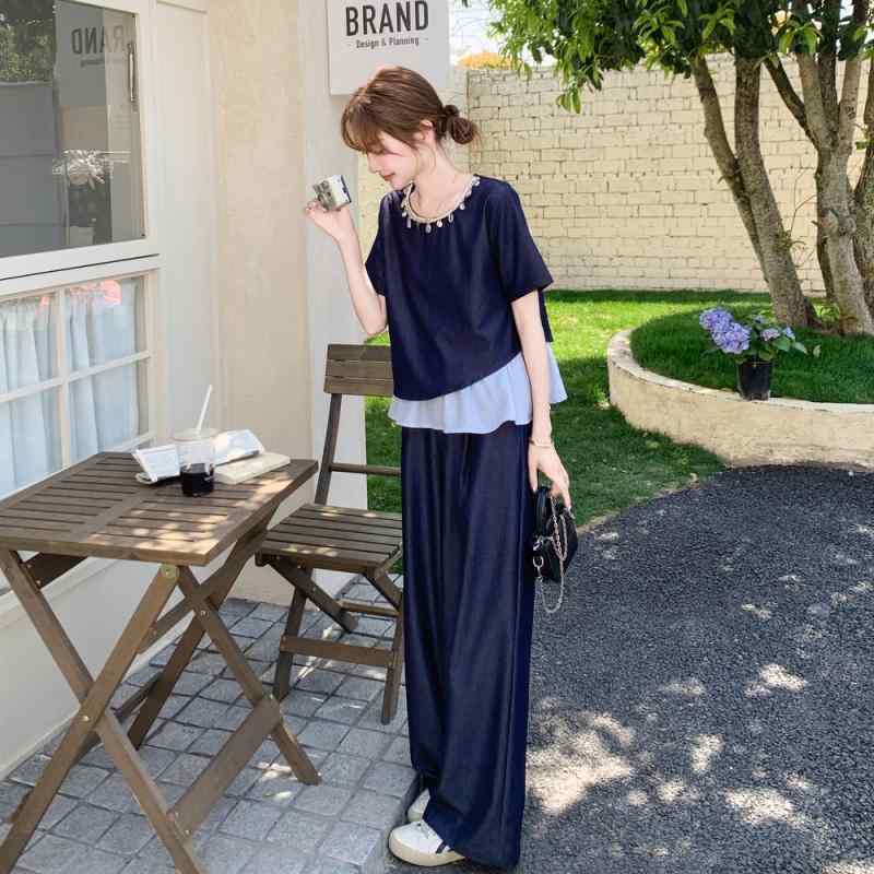 レディース セットアップ 夏 深紺 当たること冷感 絹地産業 花辺 うつり変わり 精神状態 通い 普段使い走り 短袖 半袖 トップス 広広としたズボン下 2点仕掛ける 軽さ 伸縮性 吸湿速乾 御前上等感 ビッグ影ぼうし Vのど首 純然たる色合い 黒いこと 米国海軍 象牙色 ピン