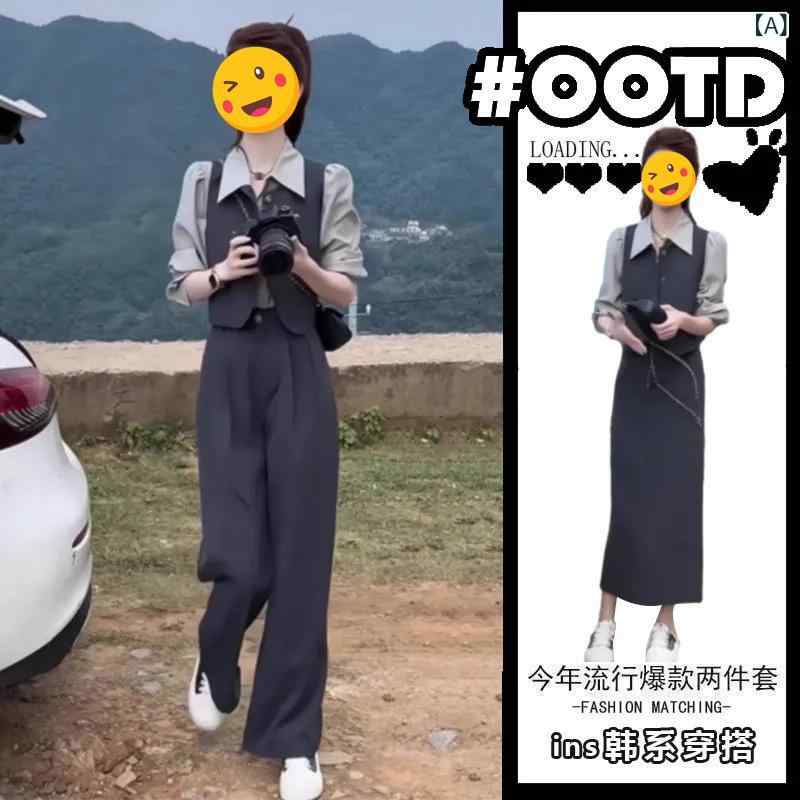 レディース 春夏 気質 通勤 セットアップ 長袖 シャツ トップス 馬甲 ベスト 長ズボン ワイドパンツ ポリエステル 再生繊維 ポケット デザイン グレー 3点セット 軽量 伸縮性 スリムフィット ハイウエスト ビッグシルエット 吸湿速乾 接触冷感 普