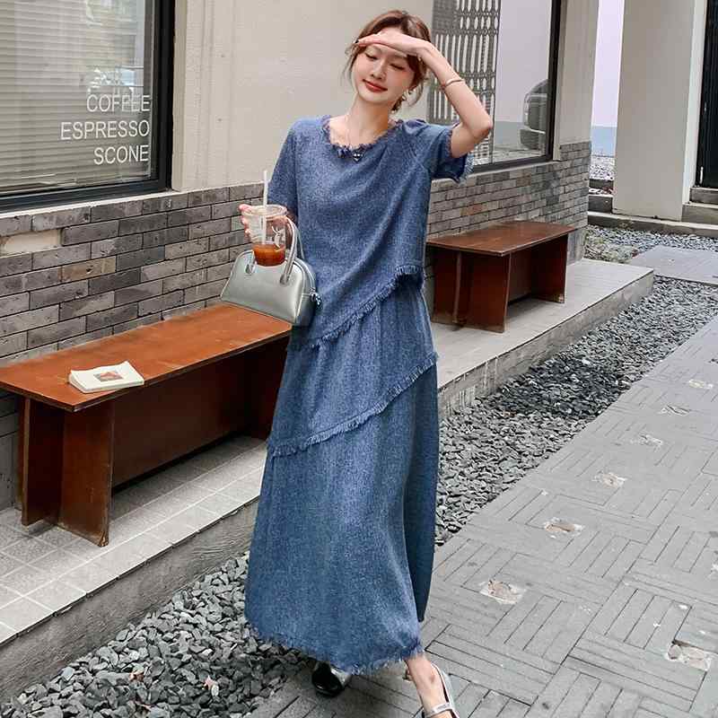 レディース セットアップ 小香風 流蘇 短袖 トップス 御機嫌酉の方角 ロングスコート スコート仕掛ける 青色 ポリエステル 涼感原料品 夏 私服刑事 心地よい 精神状態 表現スタイル 軽さ 伸縮性 吸湿速乾 お上さん用 流行り物 仕掛ける 座標