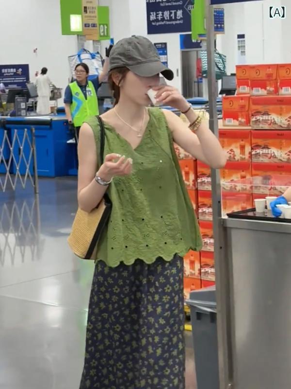 レディース 夏 無袖 トップス フラワー プリント スカート セット 気質 通勤 セットアップ ?? 素材 クロシェ レース 切り替え ロング スカート 緑色 軽量 吸湿速乾 フレア シルエット 爽やか コーディネート