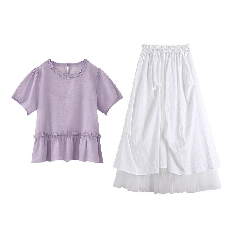 レディース 春夏 セットアップ トップス スカート レース 花柄 甘め 薄手 ワンピース風 長丈 ロングスカート 清新 少女風 綿混 アクセリーファブリック ゆったり 袖丈 三分 袖 軽量 涼感 素材 普段使い デート コーデ ブラウス シャツ ワイドス