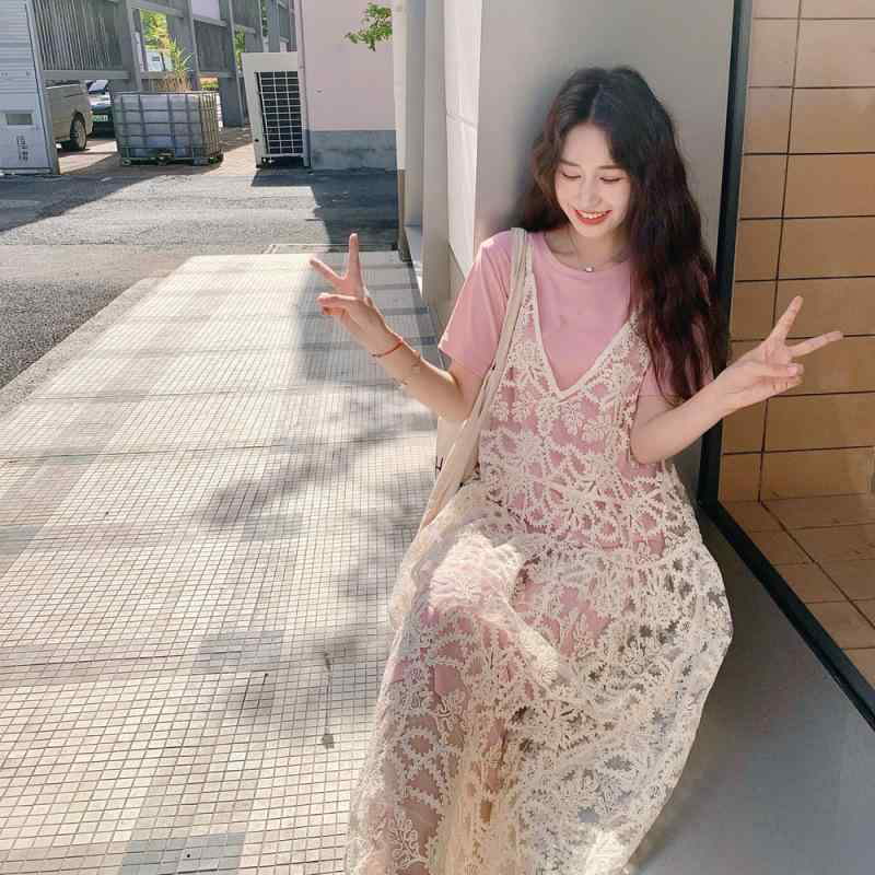 レディース 春夏 吊り紐 レース トップス ロングスカート セット 気質 通勤 普段使い 切り替え デザイン 再生繊維 ?? ポリエステル 接触冷感 吸湿速乾 軽量 通気性 ピンク系 米色 アイボリー S M L XL サイズ展開 ビッグシルエット かわ