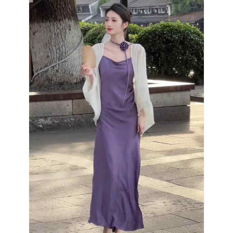 夏用 女性 セットアップ 吊り帯 ワンピース 開衫 セット 紫 緑 白 組み合わせ 接触冷感 ポリエステル 素材 軽量 吸湿速乾 スリム シルエット ハイネック デザイン 軽やかな ドレープ 普段使い 夏服 コーディネート セット
