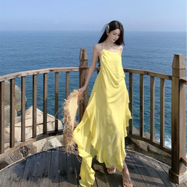 レディース ワンピース 黄色 米杏色 夏 ハル 吊り紐 中長 Aライン Vネック 無袖 高腰 荷葉エッジ 不規則 背中開き 切り替え 開き ビーチ リゾート ドレス 私服 気質 優雅 スタイル ポリエステル 繊維 単品 セット トップス スカート ガールワンピース