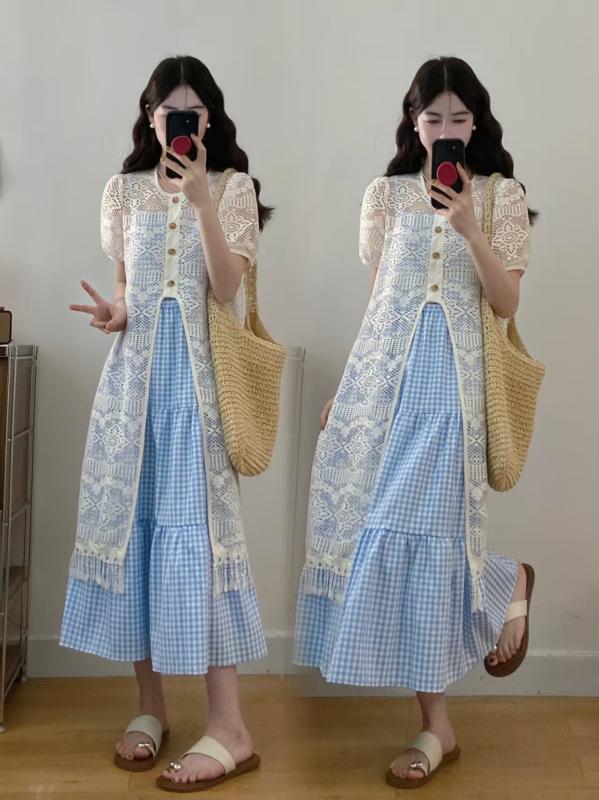 レディース 長袖レース ブラウス 吊り帯 ロングスカート セット 切り替えデザイン 法式 甘め フレッシュ 透け感 綿ポリエステル混紡 接触冷感 通勤 気質 カジュアル 夏 トップス スカート 組み合わせ 軽量 伸縮性 ブラック ピンク系 アイボリー ミ