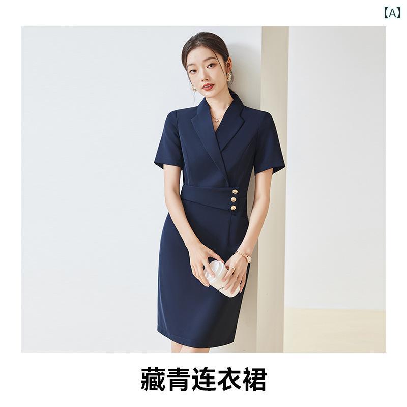 レディース ワンピース 夏 修身 通勤 仕事服 職業 直筒 中長 Vネック 短袖 中腰 立体 装飾 ポリエステル 綿混紡 純色 免? 気質 ビジネス 休? 旅游 弾力 伸縮 スカート 膝丈 フォーマル ブラック ネイビー グレー ライトブルー ベージュ