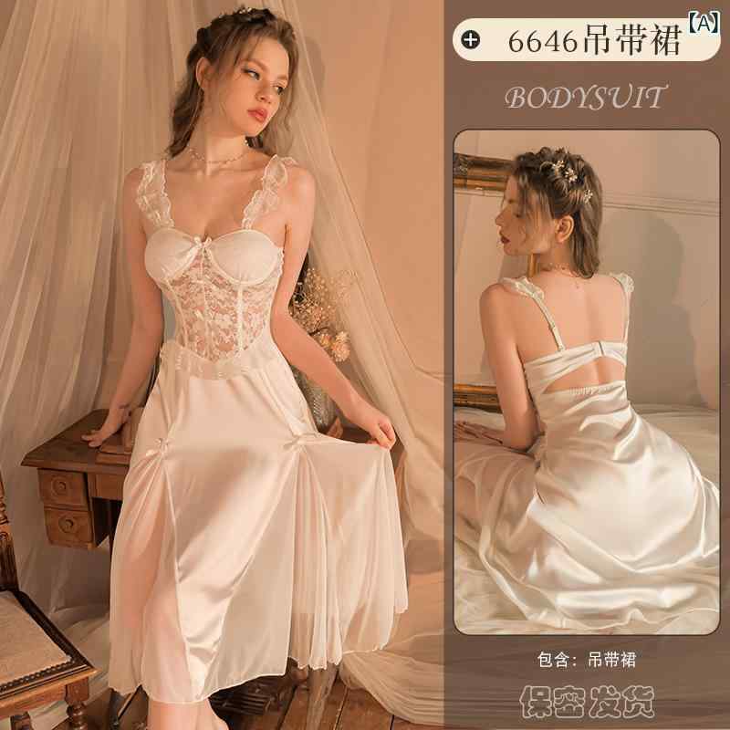 レディース 吊り紐 ネグリジェ セット レース バックレス セクシー スリップ ガウン 部屋着 透気性 快適 涼しい ポリエステル ウッド領 Uネック ゆったり シルエット ホワイト ブラック 四季 通用 寝室 ホテル 浴場 対応 青年女性 向け ラウン