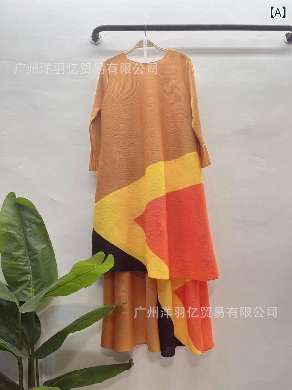 レディース トップス ワイドパンツ セット プリーツ プリント デザイン 接触冷感 ポリエステル 素材 九分袖 九分丈 ハイウエスト ストレート シルエット 気質 通勤 スタイル 優雅 デザイン オレンジ ベージュ グレー オリーブ ブラック カラー 軽