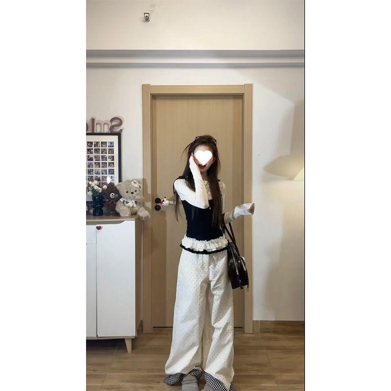 レディース 春夏 トップス ニット セーター 花柄 レース フリル 吊り下げ 袖 ロングスリーブ バタフライスリーブ セットアップ 高腰 ワイドパンツ ロングパンツ ポルカドット プリント 気質 通勤 セット 都市スタイル カジュアル 普段使い 綿混 伸