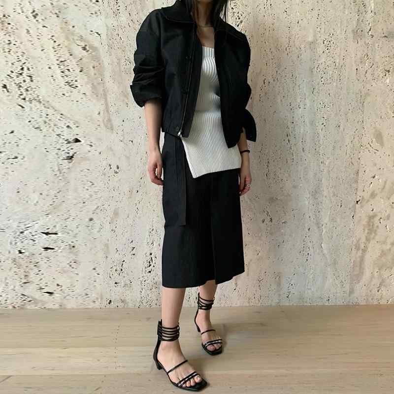秋冬 女性用 韓国風 復古 シンプル アメリカン かっこいい 綿 混紡 長袖 ジャケット トップス ミディ スリット ウエストベルト 付き スカート セット ベージュ ブラック カラー 選択 可能 日韓 スタイル ミドル丈 スカート ロングスリーブ コッ