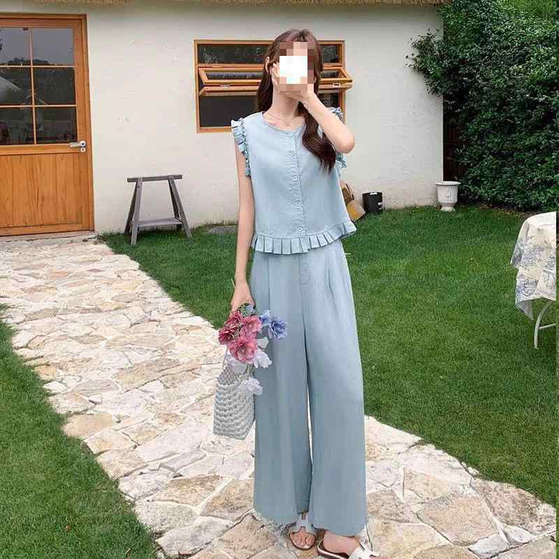 女性用 麻 素材 無袖 フレアヘム トップス ワイドパンツ セット ライトブルー ネイビー 都市 通勤 スタイル 軽量 吸湿速乾 爽やか 夏 コーデ