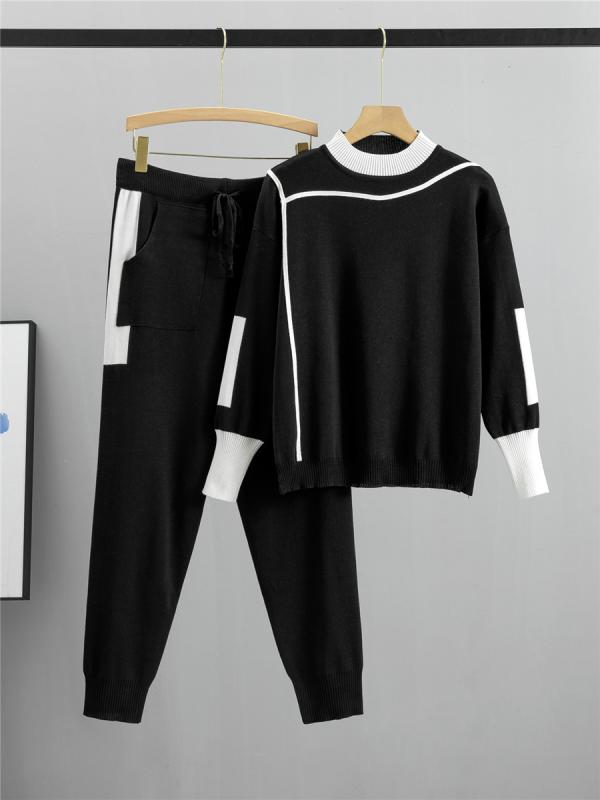 レディース ニット トップス ロングパンツ セット 切り替え デザイン 腰帯 付き 口袋 付き 気質 通勤 スタイル 快適 休? 服 粘着繊維 混紡 ポリエステル 混紡 長袖 グレー ブラック ワインレッド 秋冬 春夏 ビッグサイズ スリム フィット 伸