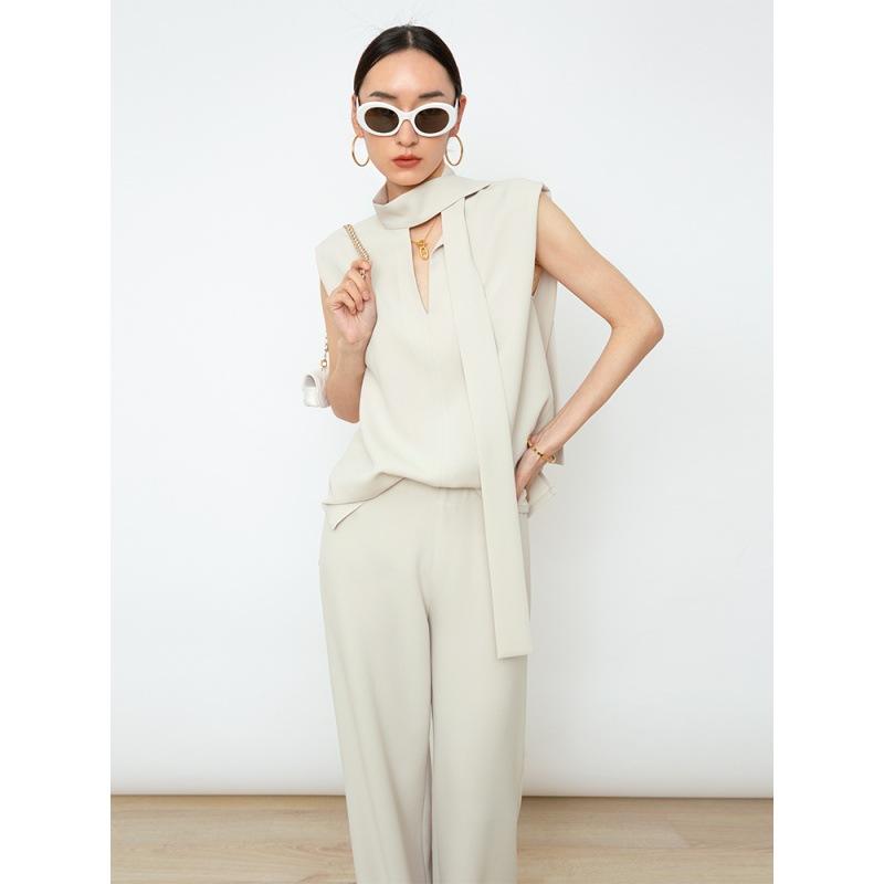 レディース 春夏 セットアップ トップス ロングパンツ 無袖 気質 通勤 セット ?? ポリエステル 素材 軽量 シワ加工 ブラック 杏色 純色 シンプル スタイリッシュ 普段使い ビジネスカジュアル 接触冷感 吸湿速乾 ハイウエスト スリムシルエット