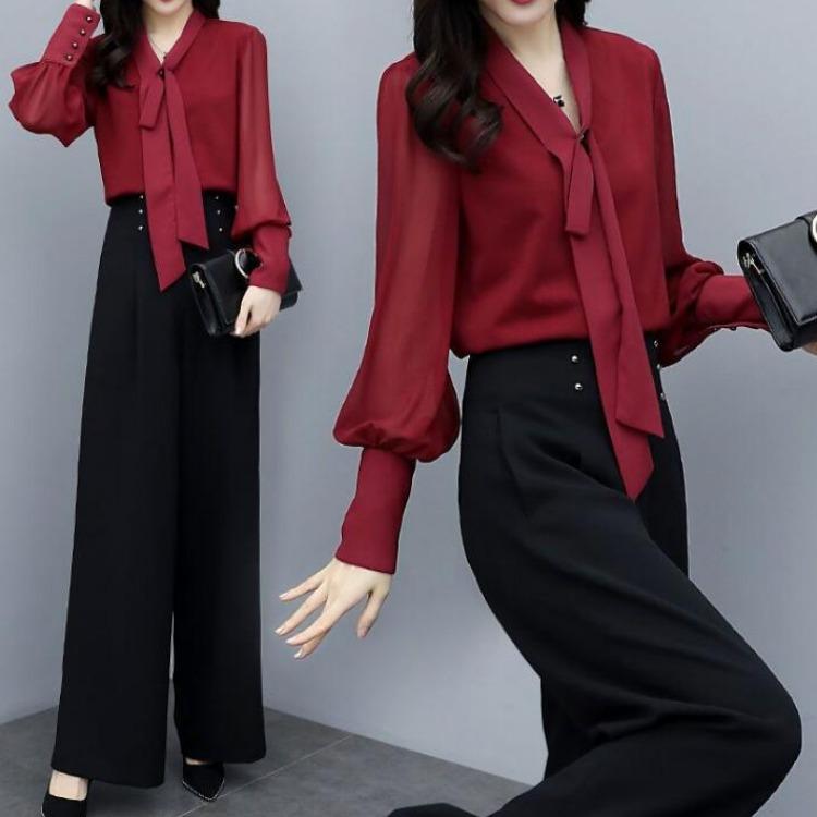 レディース ワイドパンツ セット 春夏 トップス ボトムス ファッション 韓国風 ルーズフィット スリム効果 気品 カジュアル 印花柄 赤 黒 綿素材 伸縮性 軽量 普段使い ハイウエスト ビッグシルエット
