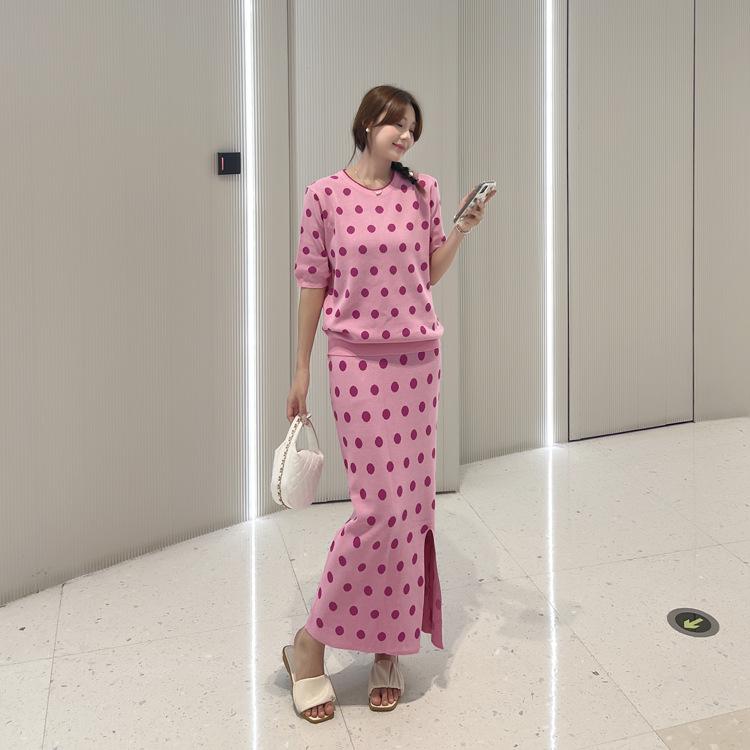 レディース 春夏 セットアップ ニットトップス ハイウエスト スカート ポルカドット 柄 丸首 半袖 プリンセススリーブ 包みスカート ミドル丈 切り替え デザイン 綿 混 スパンデックス ストレッチ 素材 ブラック グリーン カーキ ピンク ベージュ