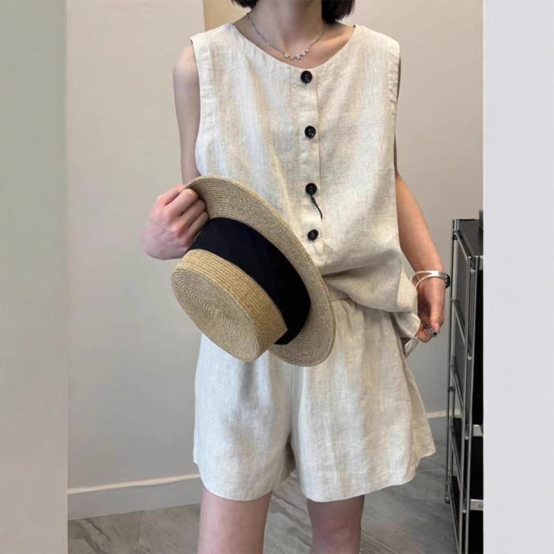 レディース 春夏 セットアップ 麻 無袖 ベスト トップス ショートパンツ セット 黒 ベージュ ポケット 切り替え ポリエステル 混 軽量 通気性 普段使い カジュアル かわいい シンプル ビッグシルエット 膝上丈 涼しい 日常着