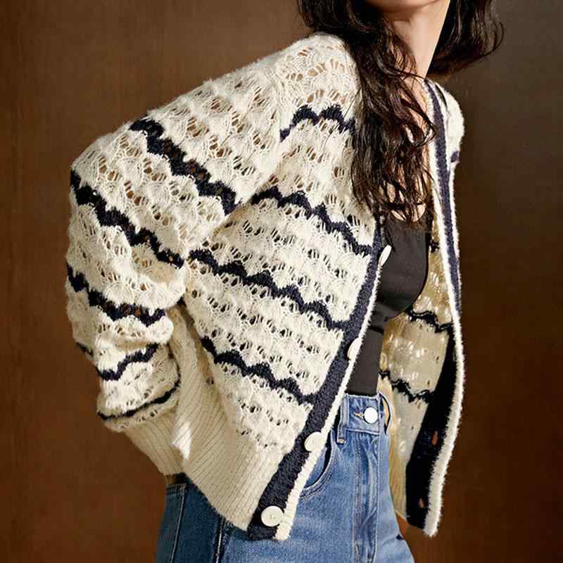 カーディガン 女性用 春夏 Vネック レース ニット 開き 長袖 ストライプ 切り替え ブラック ピンク グリーン ライトブルー 薄手 ゆったり 伸縮性 ポリエステル 混紡 単品 コットン調 吸湿速乾 日常使い シンプル かわいい 軽量 接触冷感