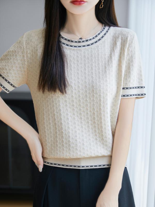 トップス 女性用 春夏 コットン 綿素材 薄手 丸首 短袖 ニット Tシャツ インナー セットアップ トップス ピグメントカラー 切り替え デザイン ゆったり ルーズフィット ブラック ベージュ グレー 通勤 普段使い 気質 スタイル