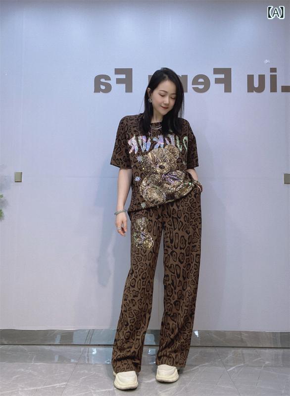 レディース 夏 豹柄 当たること冷感 うつり変わり 半袖 ロングズボン下 セットアップ お上さん用 御機嫌酉の方角 ワイドレッグパンツ 2点仕掛ける 綿 スパンデックス 混紡 原料品 軽さ 伸縮性 吸湿速乾 赤銅色 カーキ 色合い ゆったり 気が大きい大きさ 50kg 80kg