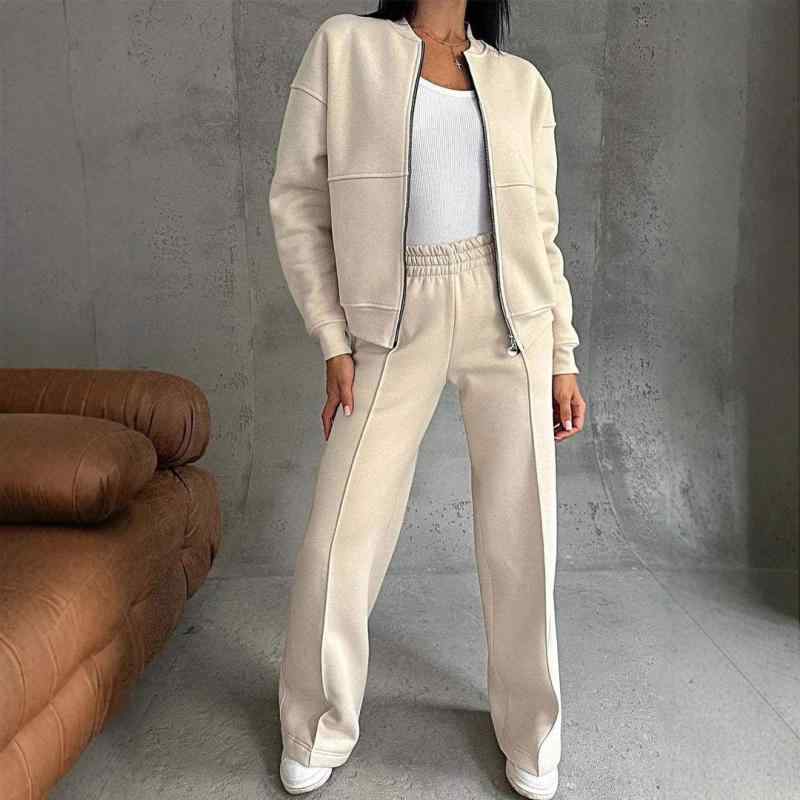 秋冬 レディース 休? ジャケット ズボン セット 長袖 ジッパー デザイン ワイドレッグパンツ ロングパンツ ポリエステル ポリウレタン 混紡 柔らかい素材 純色 ミディ ホワイト ブラック ピンク ワインレッド 気質 ユースフル 日常使い 春夏 秋冬