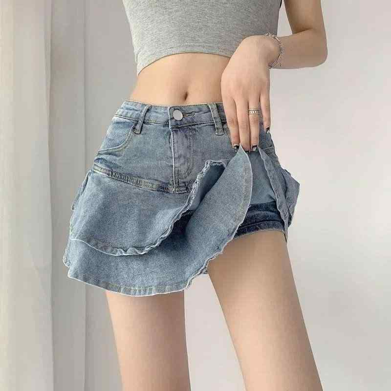 スカート 女性用 デニム 半身スカート コットン 弾力 Aライン 高腰 包みヒップ 防透け インナー付き フレア 荷葉辺 ミディ丈 ブルー 通勤 日常 軽量 伸縮性 OLスタイル かわいい スリム効果