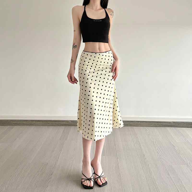 半身スカート 女性用 春夏 杏色 Aライン 中長丈 ハイウエスト 包みこみ ポルカドット 切り替え 修身 伸縮性 ポリエステル 聚?繊維 スパンデックス 街頭 潮人 ファッション 普段使い カジュアル 軽量 通勤 デート