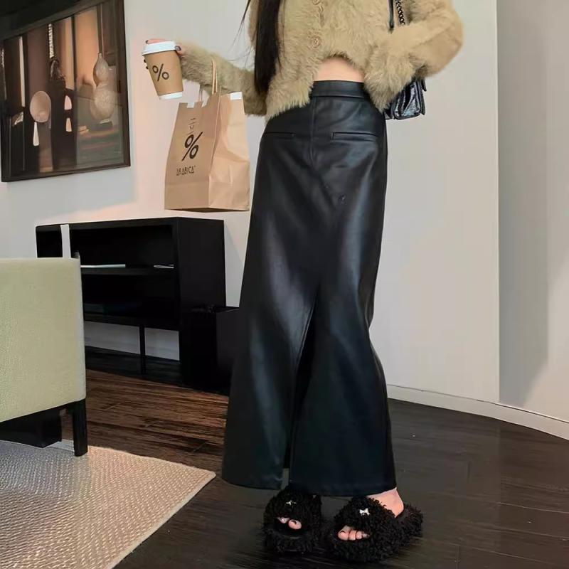 スカート 女性用 ミディ丈 黒 羊革 真皮 切り替え デザイン 斜めカット 大きめスリット スリム効果 半身スカート 気質 通勤 スタイル 都市風 ミディアムレングス 柔らかい質感 軽量 微弾性 再生繊維 補強 春夏 シーズン ロングスカート｜LiLishop6