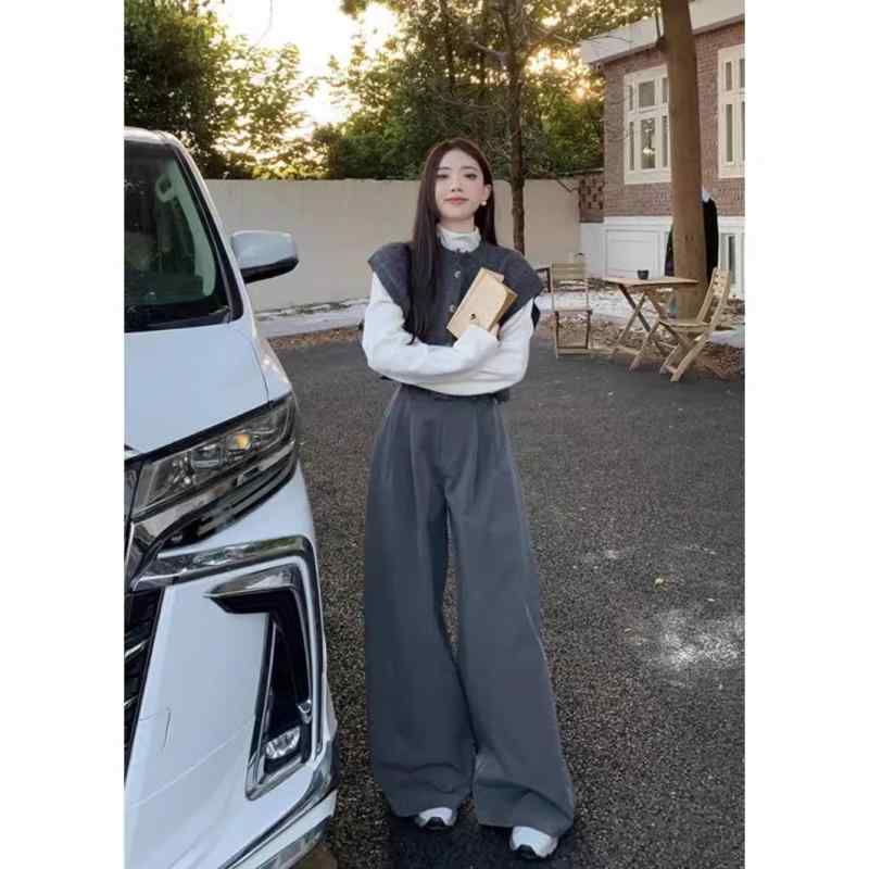 レディース 塩系 セットアップ 無地 切り替え ニット ベスト トップス ワイドパンツ 長袖 長ズボン ボタン デザイン 気質 通勤 スタイル 韓風 ポリエステル 混紡 グレー ホワイト 春夏 ファッション 軽量 伸縮性 吸湿速乾 カジュアル 普段使い