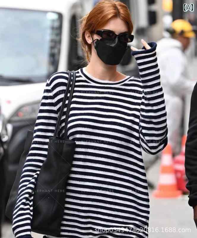 セーター 女性用 秋冬 ブラック ホワイト ストライプ柄 ルーズフィット ニットトップス 羊毛混紡 長袖 ラウンドネック ミドル丈 撞色デザイン クイリング加工 コットン混 吸湿速乾 軽量 カジュアルスタイル 日韓風 普段使い 通勤対応 伸縮性 暖かみ ｜LiLishop6