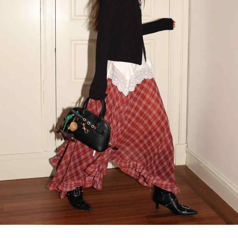 スカート 女性用 半身スカート 夏 ロング丈 格子柄 甘辛ミックス 復古風 赤 ブラック 切り替えデザイン フリルヘム 不規則裾 ポリエステル 軽量 通気性 涼感 リゾートスタイル 普段使い 気質エレガント