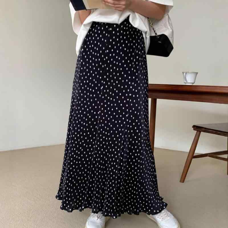 半身スカート 女性用 夏 ロング 魚尾スカート 波点柄 ポリドット柄 ハイウエスト 切り替えデザイン 雪紡素材 ?? ストレッチ 中弾力 免?加工 ノンアイロン 通勤用 気質スタイル 快適レジャー 白色 ブラック ブラウン ネイビー ベージュ グリーン